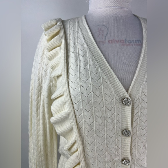 💚 2963. Ruffled Button Front Cream Cardigan - Picture 4 of 7